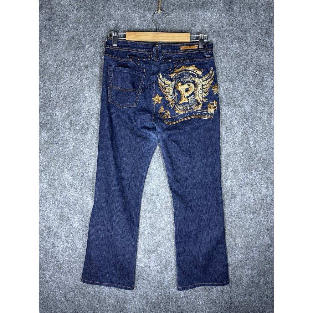 Pepe Jeans Women’s Dark Wash Bootcut Jeans Gold Embroidered Back Pocket Size 31